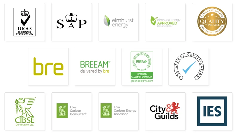 QuinnRoss Energy - Accreditations - UKAS, SAP, Elmhurst Energy Approved, Quality Promise, BRE Global Certification, BREEAM, CIBSE, Low Carbon Consultant, Low Carbon Energy Assessor, City & Guilds, IES